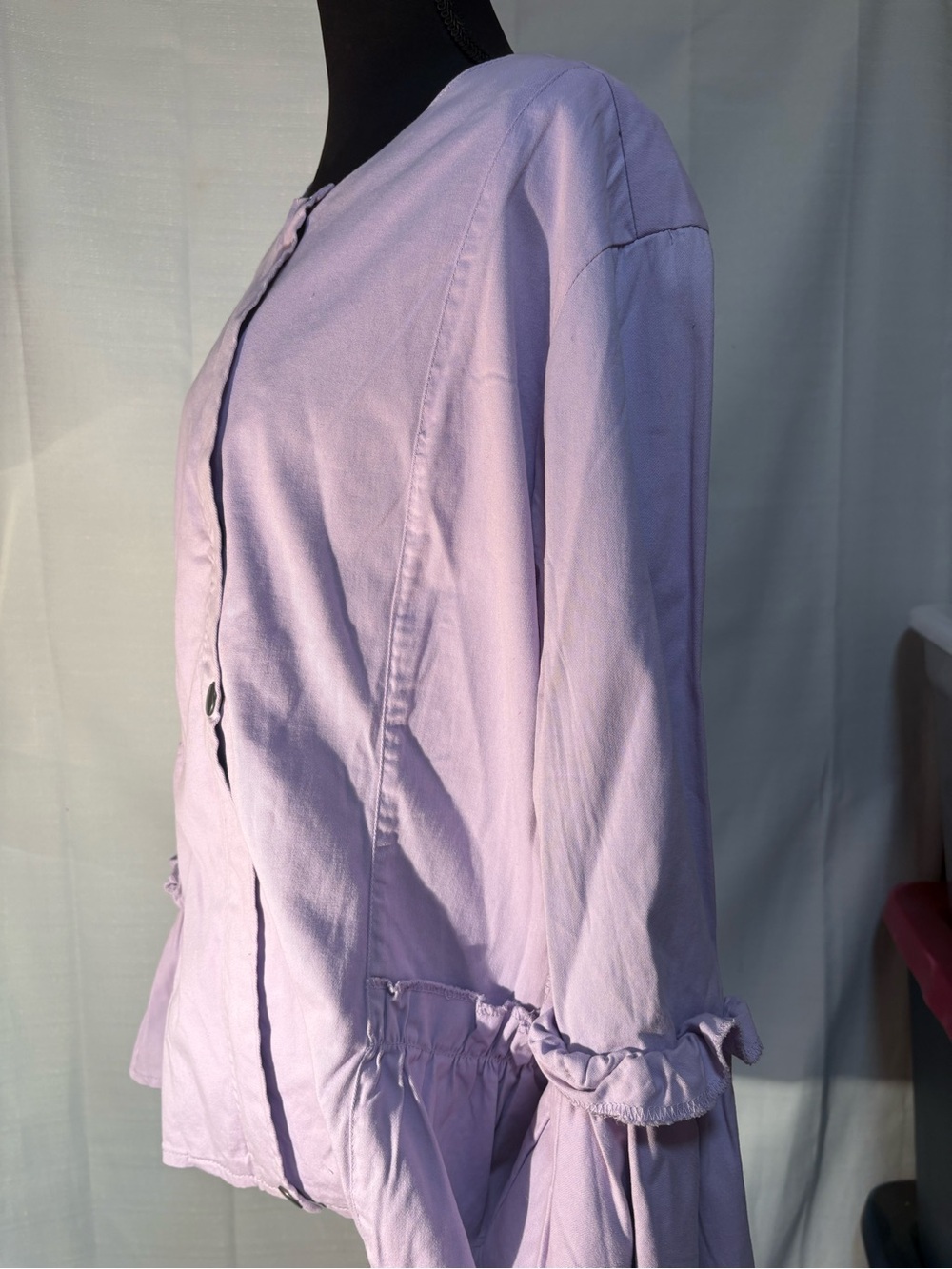 Kate & Mallory Artsy Lavender Button-Front Jacket.Ruffled poet sleeves & pockets